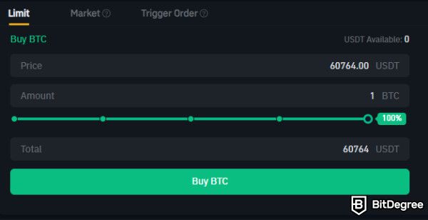 Bitrue review: enter the amount of crypto to buy.