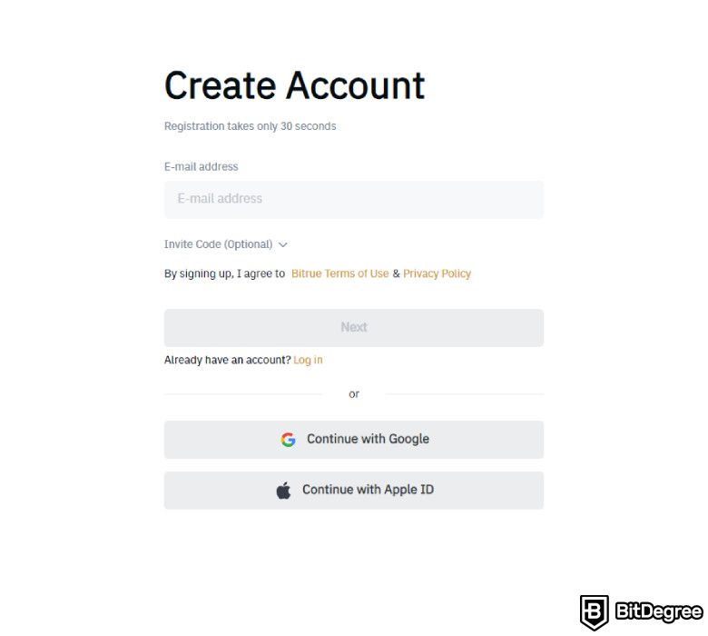 Bitrue review: provide email to create an account.