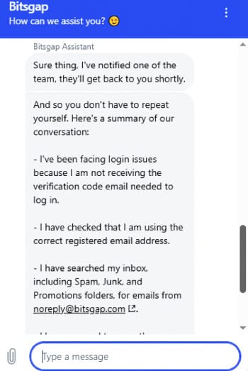 Bitsgap review: Bitsgap chatbot window for customer support.