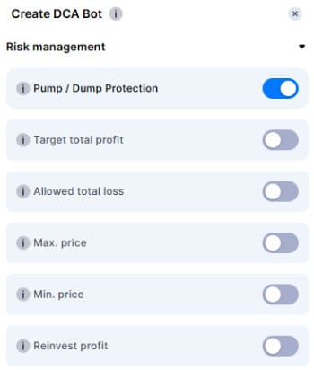 Bitsgap review: Bitsgap risk management settings panel.