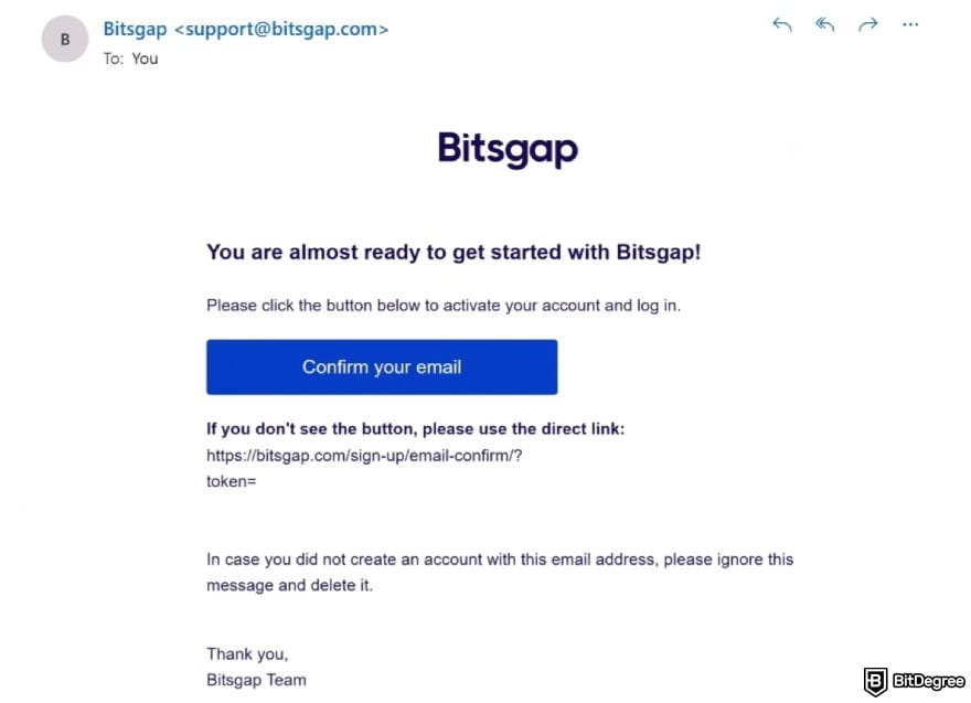 Bitsgap review: confirmation email from Bitsgap team.