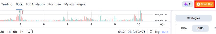 Bitsgap review: highlighted [Start Bot] button on Bitsgap.