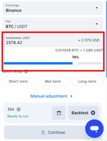 Bitsgap review: investment input field on Bitsgap.
