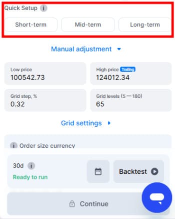 Bitsgap review: Quick Setup feature on Bitsgap.