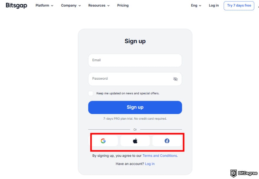 Bitsgap review: sign up options on Bitsgap.