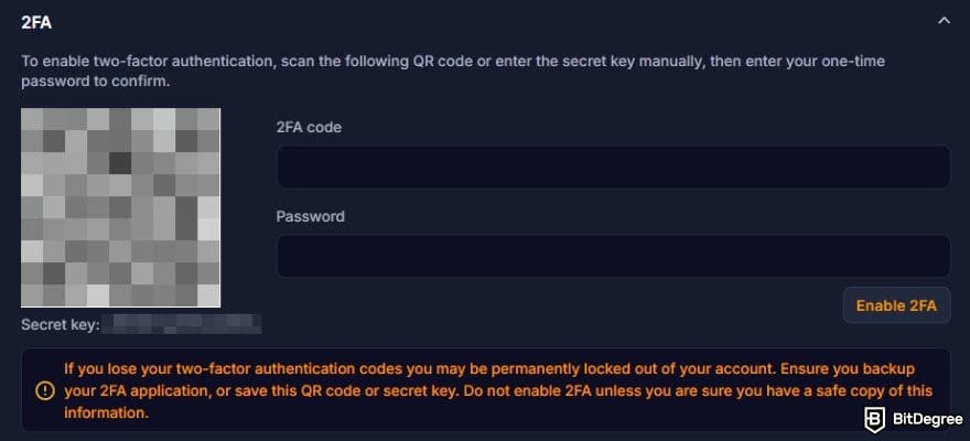 Bitsler review: the 2FA settings on Bitsler. Bitsler review: the 2FA settings on Bitsler.