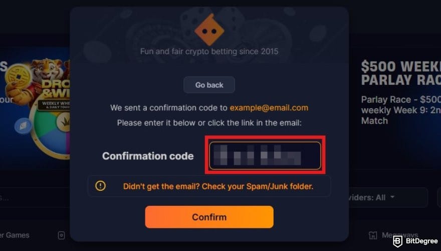 Bitsler review: the pop up window for confirmation code on Bitsler. Bitsler review: the pop up window for confirmation code on Bitsler.