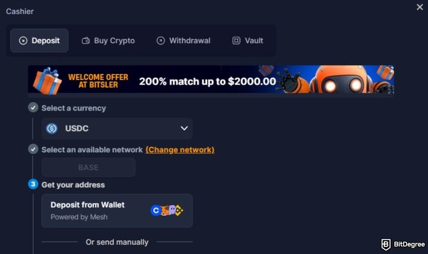Bitsler review: the deposit window for USDC on Bitsler. Bitsler review: the deposit window for USDC on Bitsler.