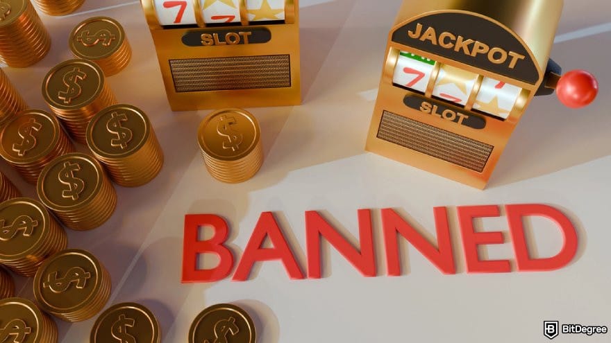 Bitsler review: 3D render with gold slots and coins featuring large red text that reads "BANNED". Bitsler review: 3D render with gold slots and coins featuring large red text that reads "BANNED".