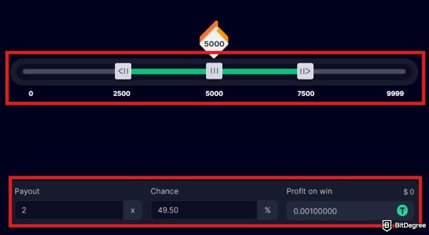 Bitsler review: the Ultimate Dice interface with the bet parameters highlighted. Bitsler review: the Ultimate Dice interface with the bet parameters highlighted.