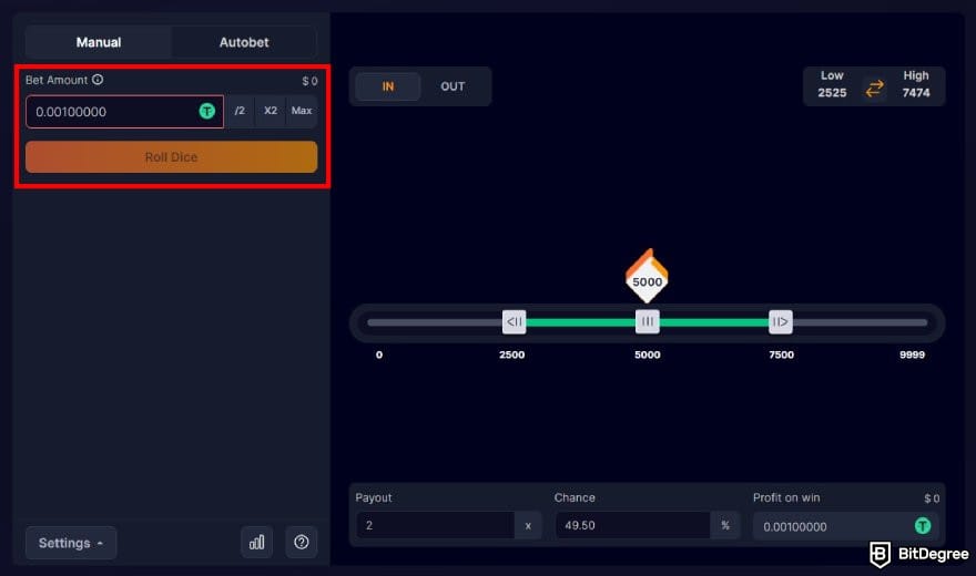 Bitsler review: the Ultimate Dice interface with the bet settings highlighted. Bitsler review: the Ultimate Dice interface with the bet settings highlighted.