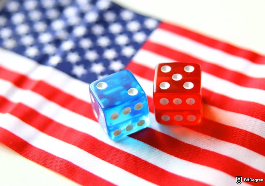 Bitsler review: red and blue dice on the US flag. Bitsler review: red and blue dice on the US flag.