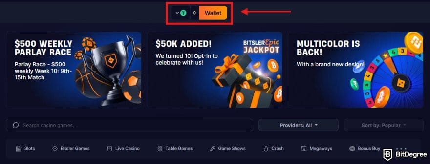 Bitsler review: a portion of Bitsler homepage with the Wallet button highlighted. Bitsler review: a portion of Bitsler homepage with the Wallet button highlighted.