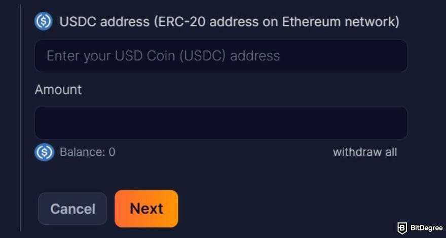Bitsler review: the wallet address and amount field on Bitsler's withdrawal page. Bitsler review: the wallet address and amount field on Bitsler's withdrawal page.