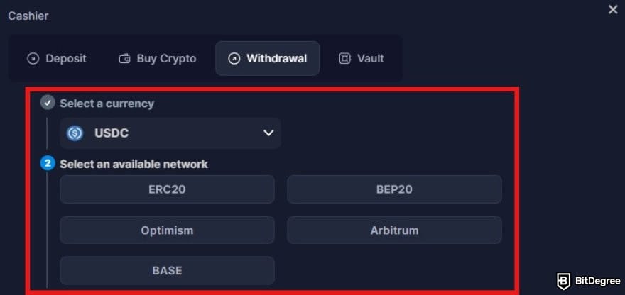 Bitsler review: Bitsler withdrawal page with the currency option highlighted. Bitsler review: Bitsler withdrawal page with the currency option highlighted.