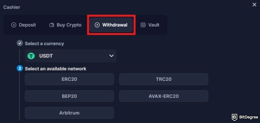 Bitsler review: Bitsler's cashier window with the Withdrawal tab highlighted. Bitsler review: Bitsler's cashier window with the Withdrawal tab highlighted.