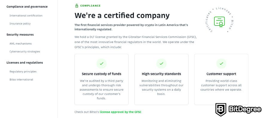 Bitso review: a screenshot of Bitso's certifications.