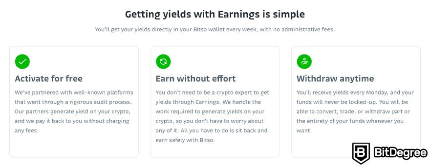 Bitso review: a screenshot of Bitso's Earnings page.