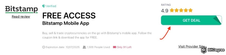 Bitstamp bonus code: a red arrow pointing to the [GET DEAL] button on BitDegree's page.
