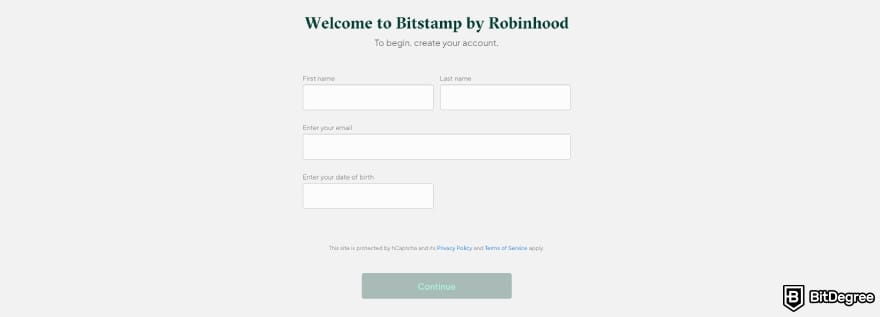 Bitstamp bonus code: Bitstamp's sign up page.