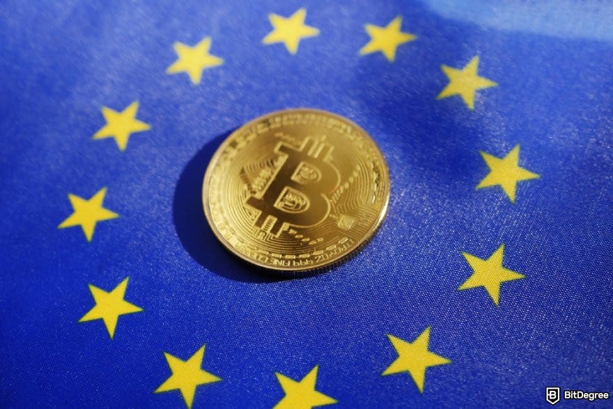 Bitstamp review: a BTC coin on a EU flag.