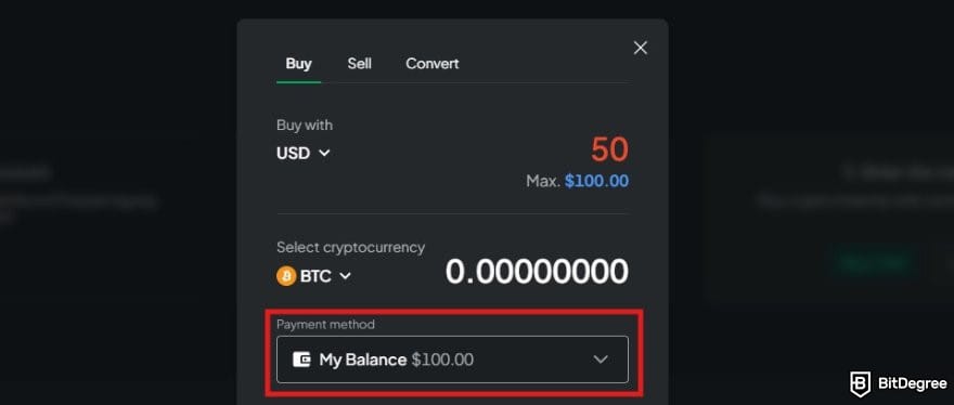 Bitstamp review: Bitstamp's buy and sell interface with the payment method menu highlighted.