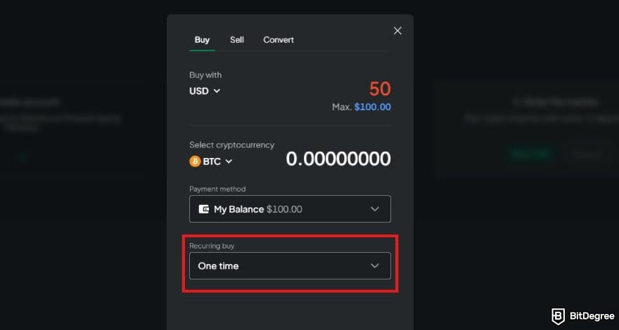 Bitstamp review: Bitstamp's buy and sell interface with the recurring buy menu highlighted.