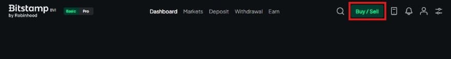 Bitstamp review: Bitstamp navigation menus with the Buy/Sell button highlighted.