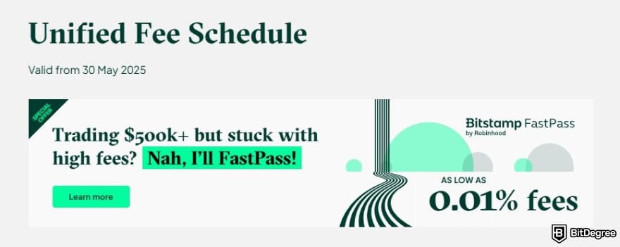 Bitstamp review: the fee schedule page on Bitstamp's website.