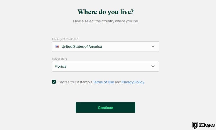 Bitstamp review: the country of residence page when signing up on Bitstamp.