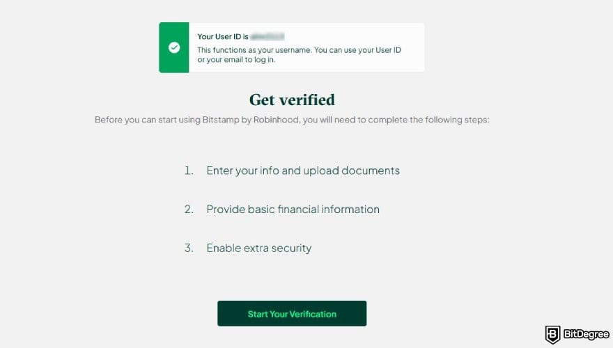 Bitstamp review: the KYC verification page when signing up on Bitstamp.