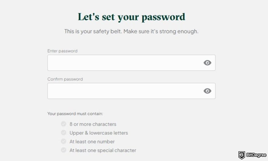 Bitstamp review: the password set up page when signing up on Bitstamp.