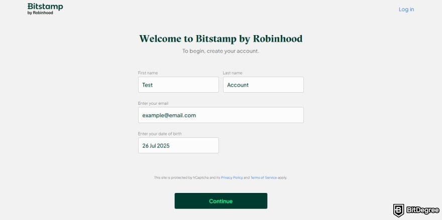 Bitstamp review: the sign up page on Bitstamp.
