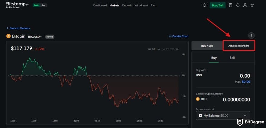 Bitstamp review: Bitstamp's spot trading interface with the Advanced orders button highlighted.