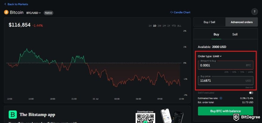 Bitstamp review: Bitstamp's spot trading interface with the amount boxes highlighted.