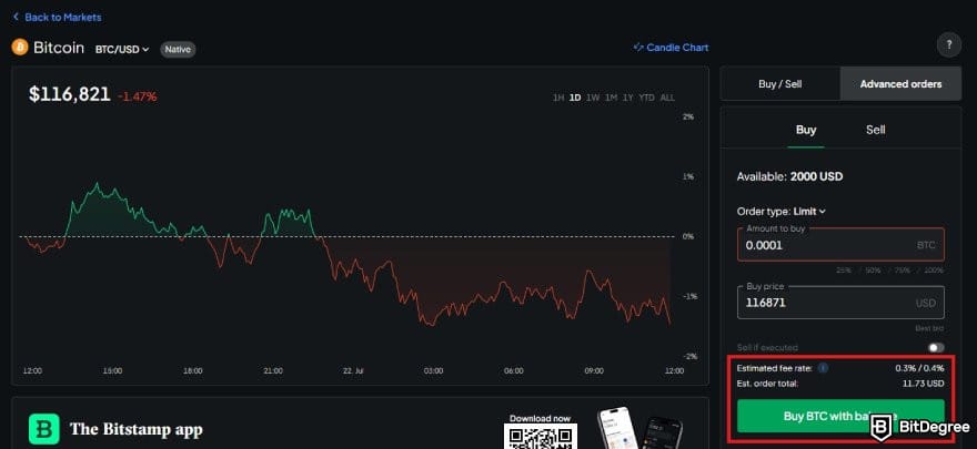 Bitstamp review: Bitstamp's spot trading interface with the Buy button highlighted.