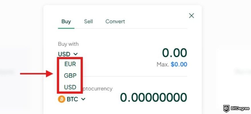 Bitstamp review: the buy crypto interface on Bitstamp with the fiat options highlighted.