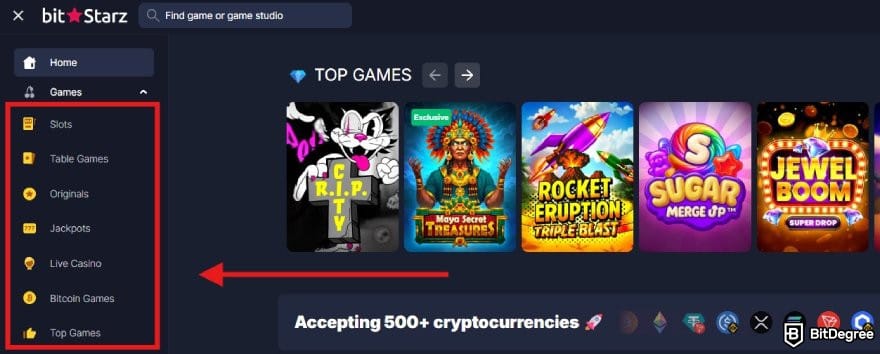 BitStarz review: some available game categories on BitStarz's homepage. BitStarz review: some available game categories on BitStarz's homepage.