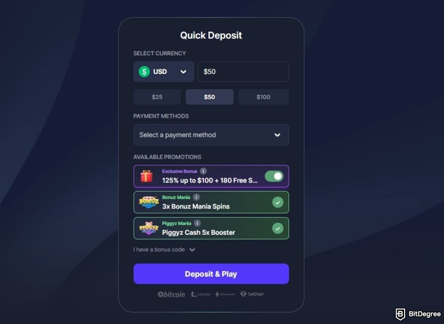 BitStarz review: the quick deposit section on BitStarz's homepage. BitStarz review: the quick deposit section on BitStarz's homepage.