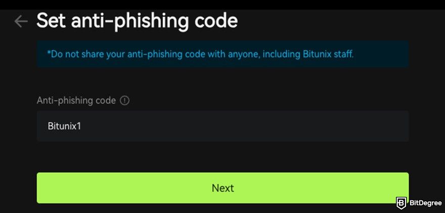 Bitunix review: setting an anti-phishing code.