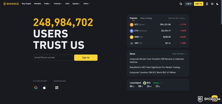 Bitunix review: the Binance homepage.