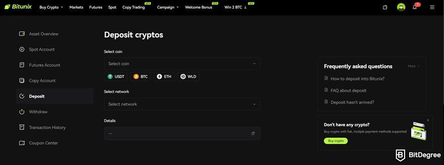 Bitunix review: deposit cryptos.