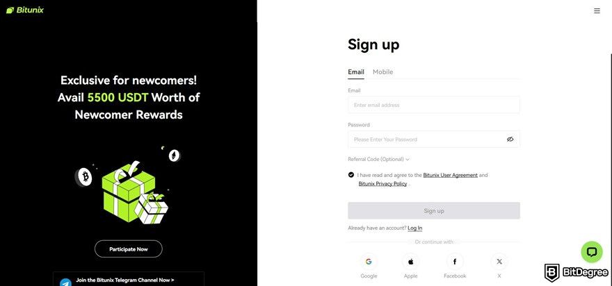Bitunix review: sign-up options.