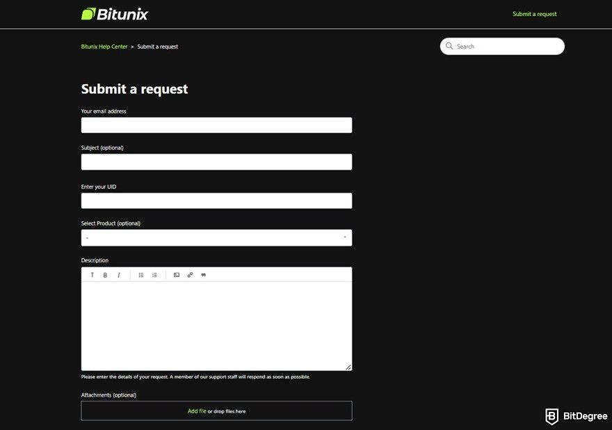 Bitunix review: submitting ticket.