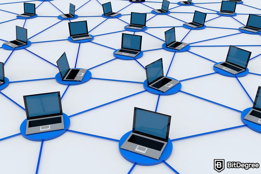 Blockchain accounting: a network of laptop computers connected to each other by blue lines.