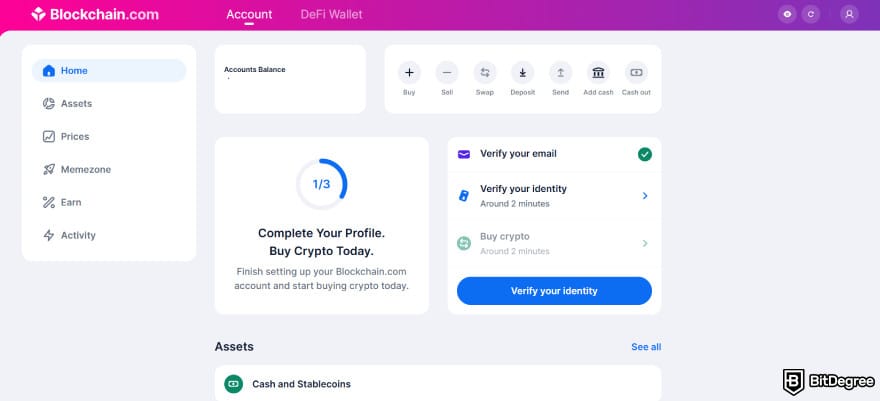 Blockchain.com referral code: the user dashboard.