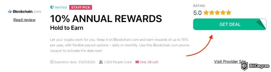 Blockchain.com referral code: a red arrow pointing to the [GET DEAL] button on BitDegree's page.