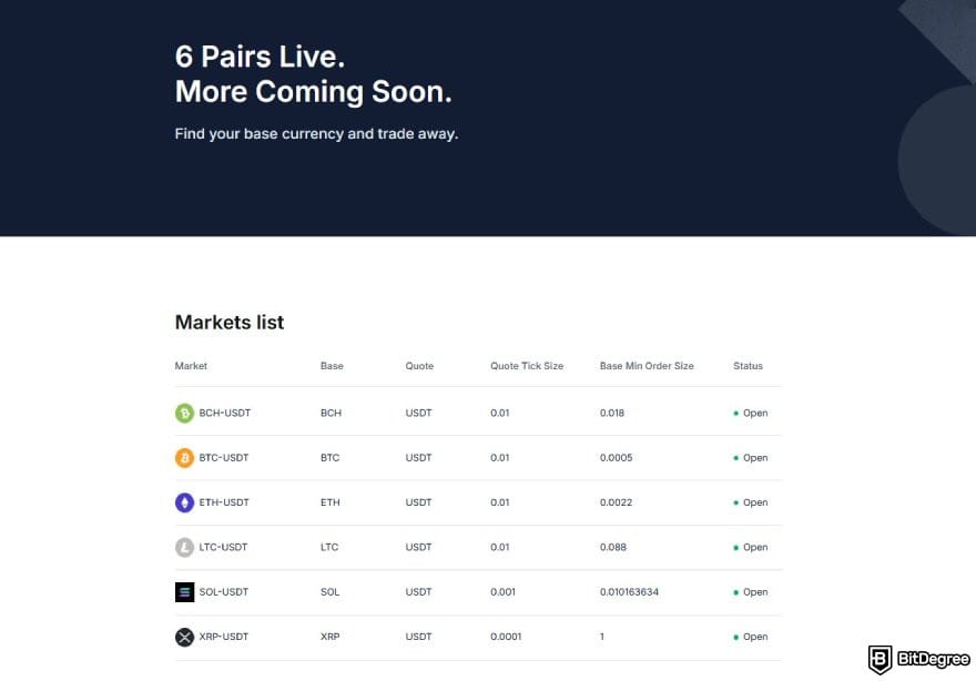 Blockchain.com review: the list of active trading pairs on Blockchain.com.