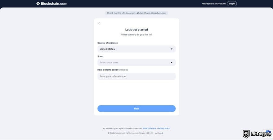 Blockchain.com review: the country of residence page on Blockchain.com.