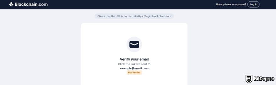 Blockchain.com review: the email verification step when creating a new Blockchain.com account.